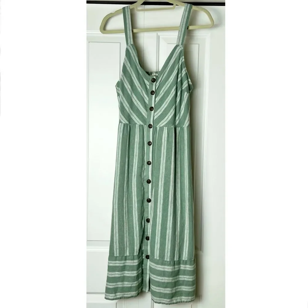 UNIVERSAL THREAD Linen Blend Midi Dress Lined Buttons Pockets Green Shite Medium - Picture 11 of 12